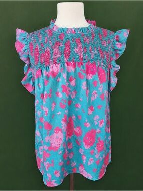 Girls' Turquoise & Pink Floral Ruffle Top